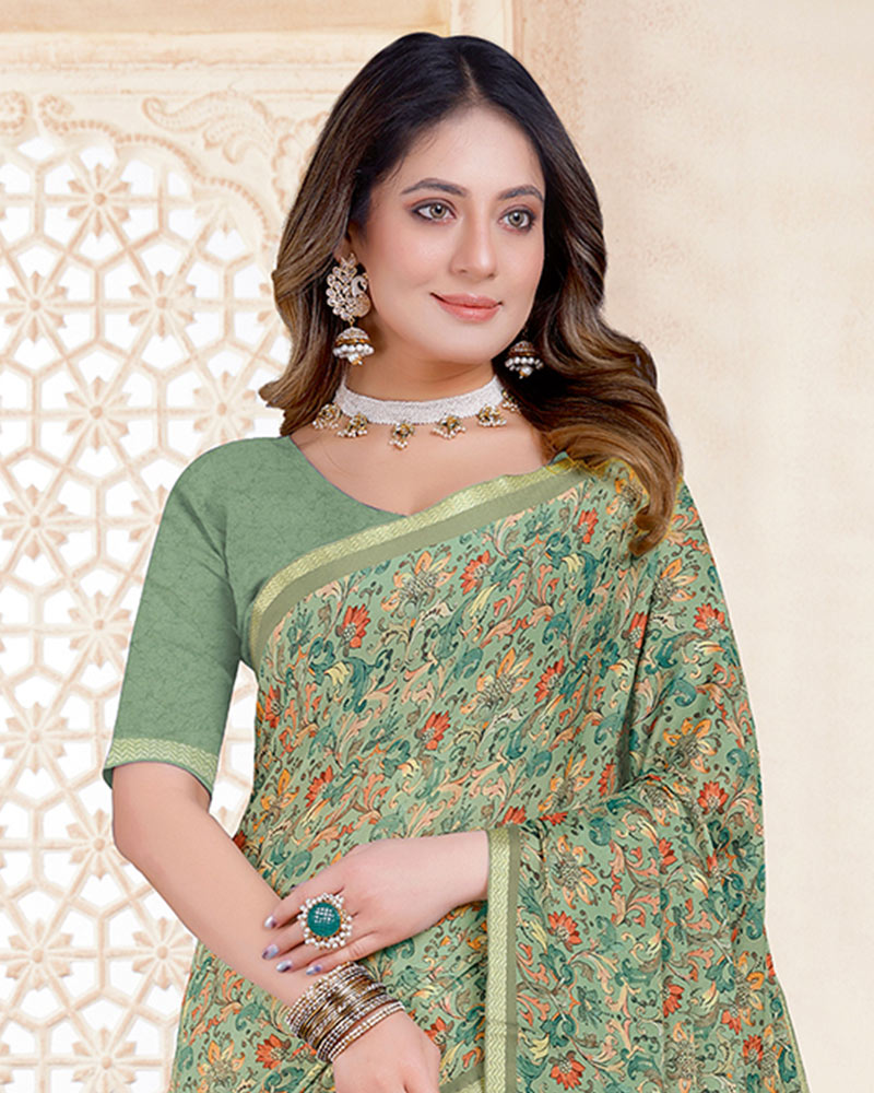 Vishal Prints Sage Green Digital Print Criva Crepe Saree With Weaved Viscose Border