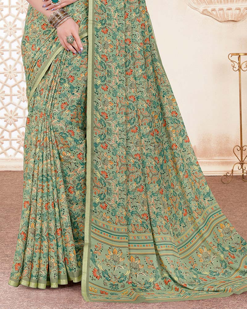 Vishal Prints Sage Green Digital Print Criva Crepe Saree With Weaved Viscose Border