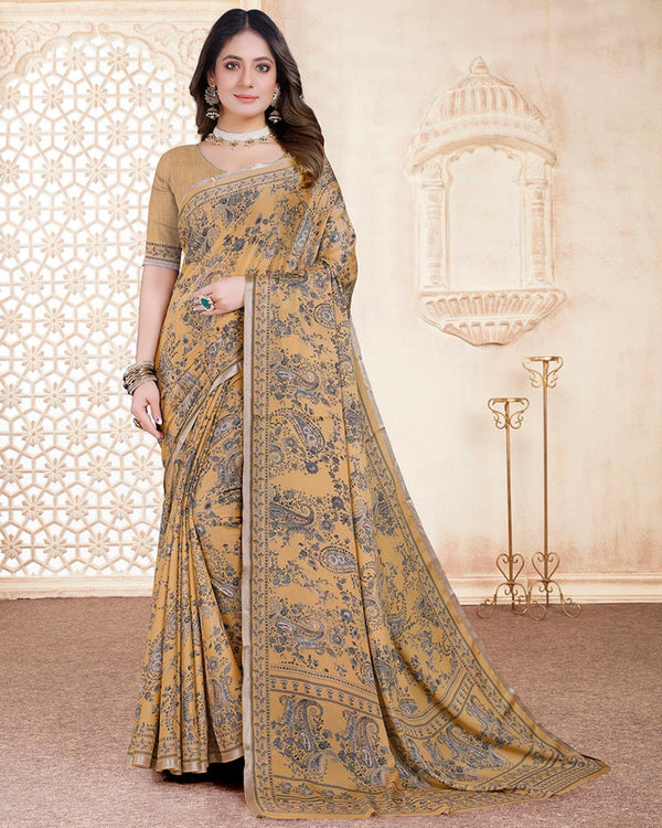 Vishal Prints Pale Taupe Digital Print Criva Crepe Saree With Weaved Viscose Border