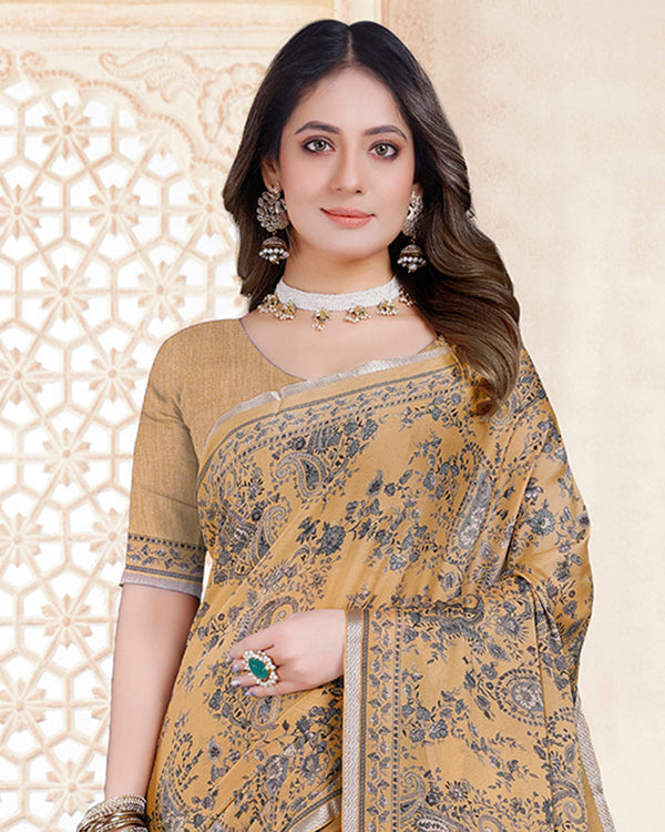 Vishal Prints Pale Taupe Digital Print Criva Crepe Saree With Weaved Viscose Border