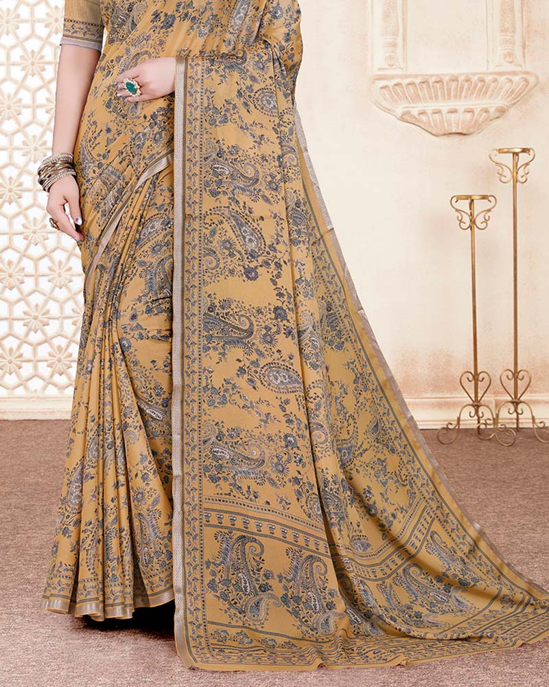Vishal Prints Pale Taupe Digital Print Criva Crepe Saree With Weaved Viscose Border