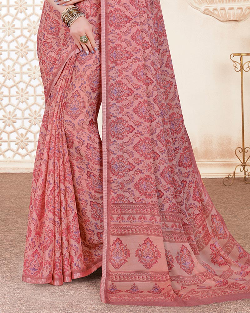 Vishal Prints Daisy Pink Digital Print Criva Crepe Saree With Weaved Viscose Border