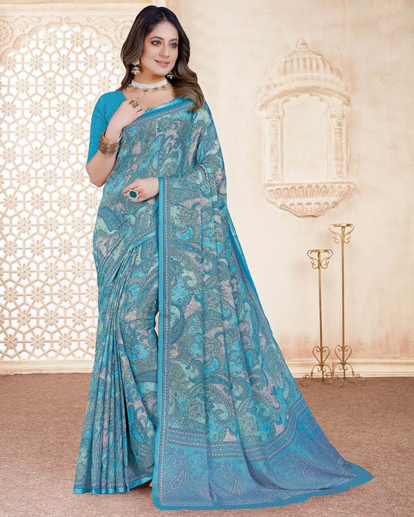 Vishal Prints Glacier Blue Digital Print Criva Crepe Saree With Weaved Viscose Border