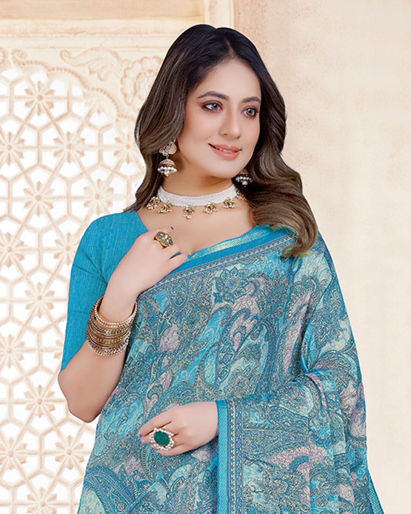 Vishal Prints Glacier Blue Digital Print Criva Crepe Saree With Weaved Viscose Border