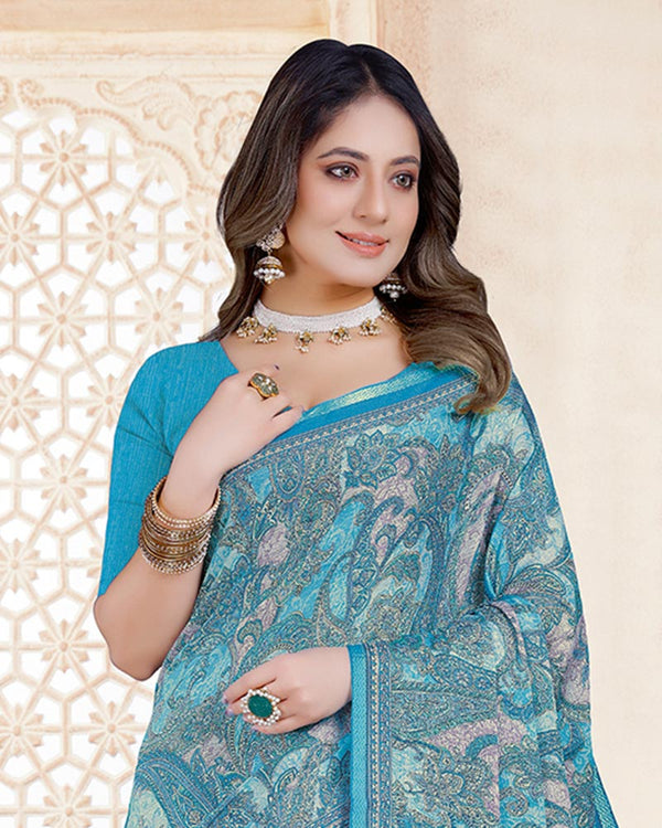 Vishal Prints Glacier Blue Digital Print Criva Crepe Saree With Weaved Viscose Border