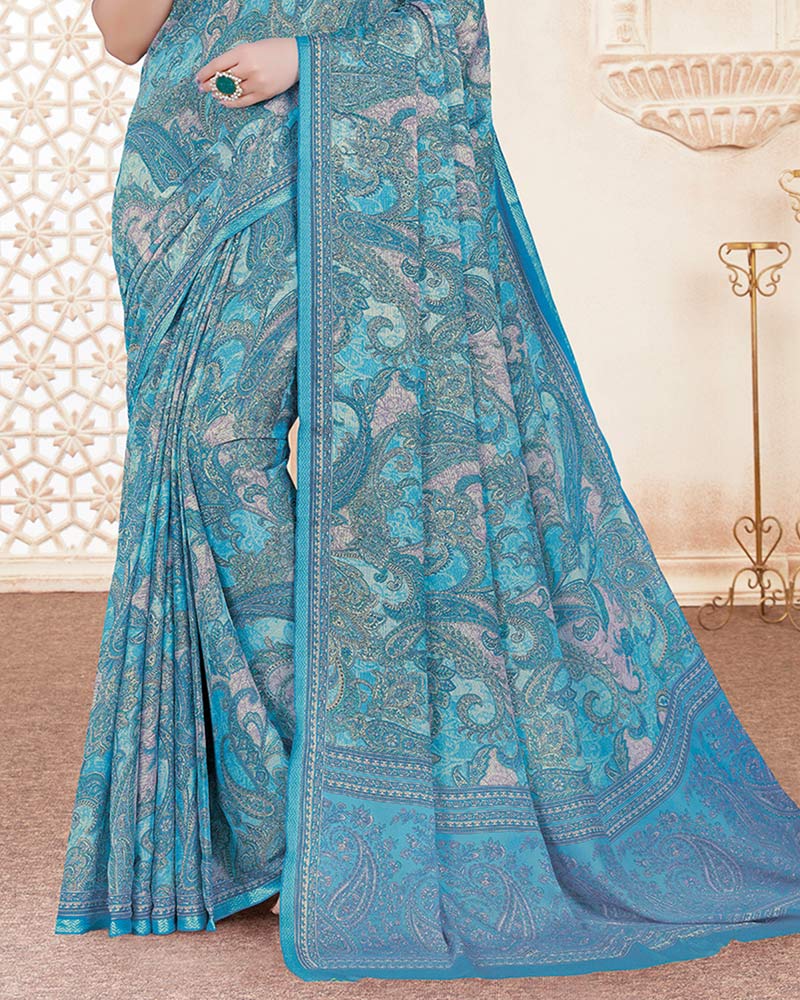 Vishal Prints Glacier Blue Digital Print Criva Crepe Saree With Weaved Viscose Border