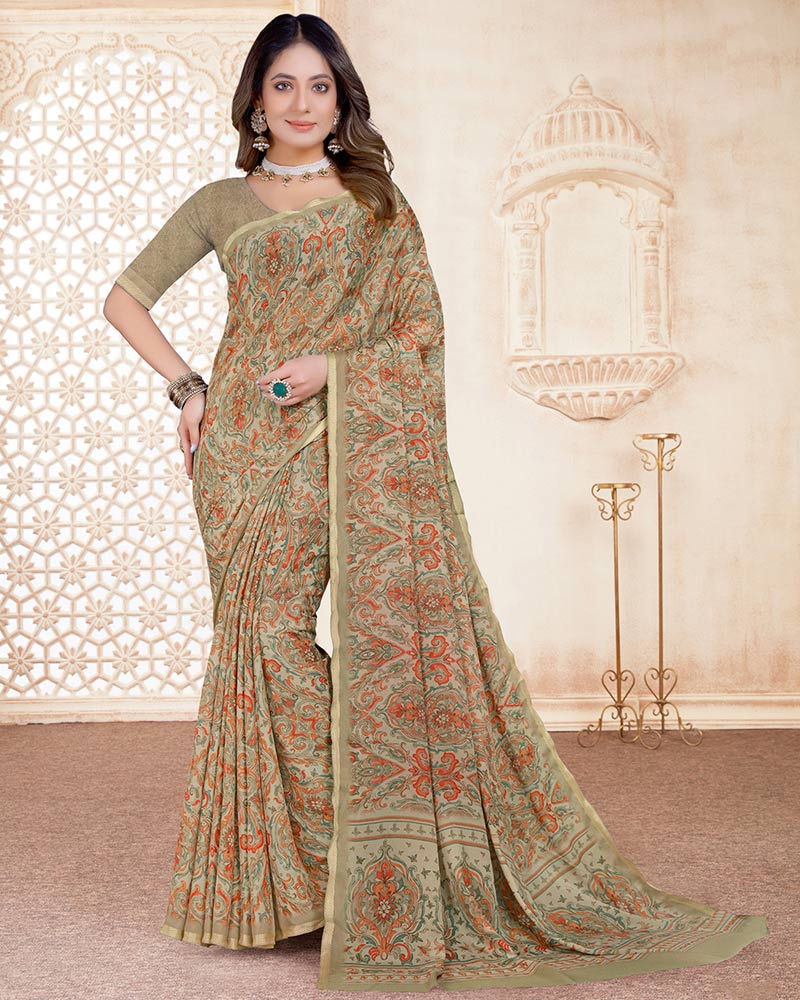 Vishal Prints Dusty Brown Digital Print Criva Crepe Saree With Weaved Viscose Border