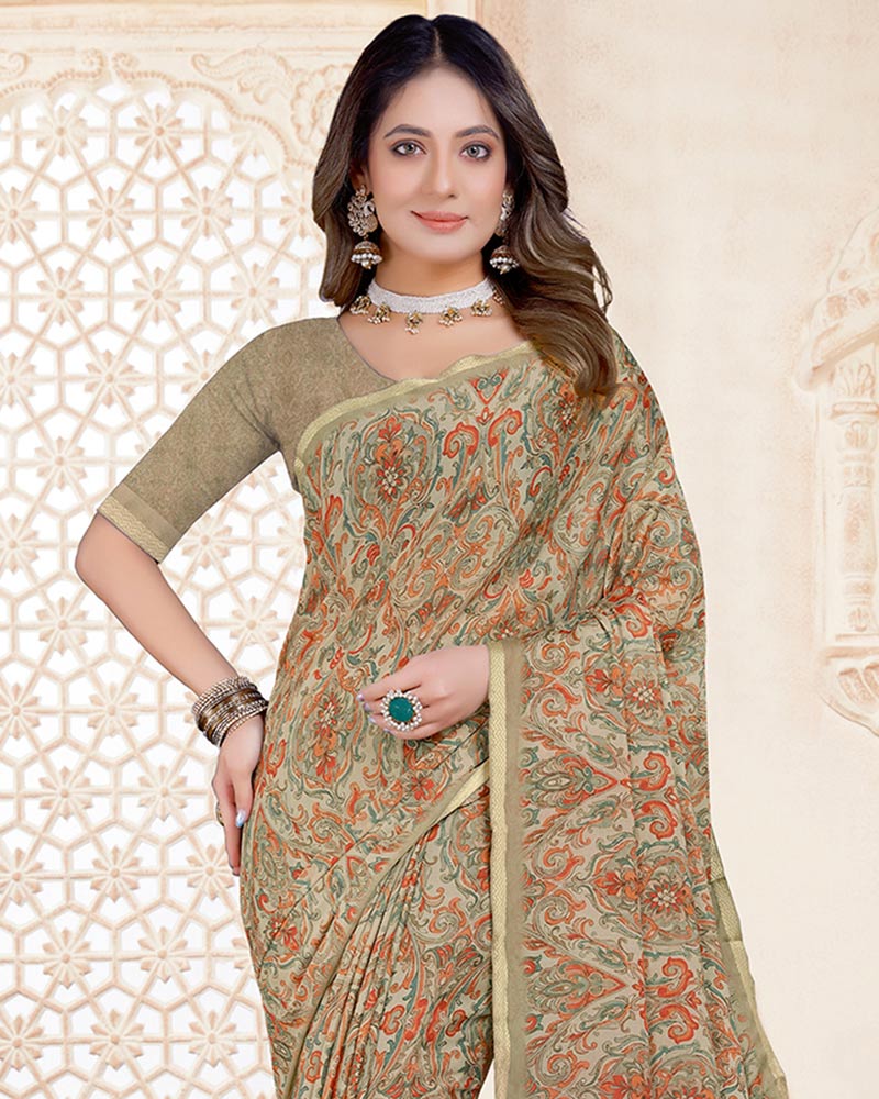 Vishal Prints Dusty Brown Digital Print Criva Crepe Saree With Weaved Viscose Border