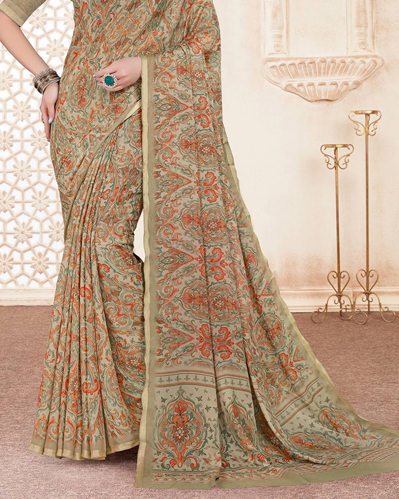 Vishal Prints Dusty Brown Digital Print Criva Crepe Saree With Weaved Viscose Border