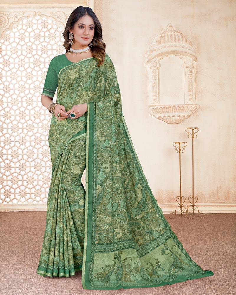 Vishal Prints Khaki Green Digital Print Criva Crepe Saree With Weaved Viscose Border