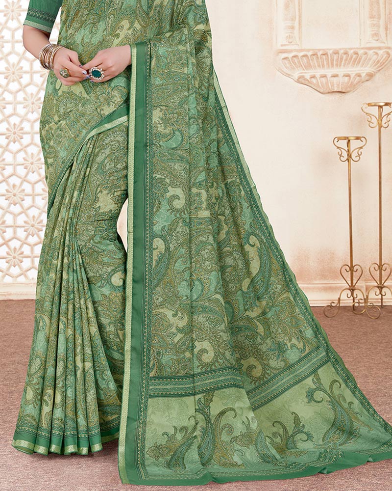 Vishal Prints Khaki Green Digital Print Criva Crepe Saree With Weaved Viscose Border
