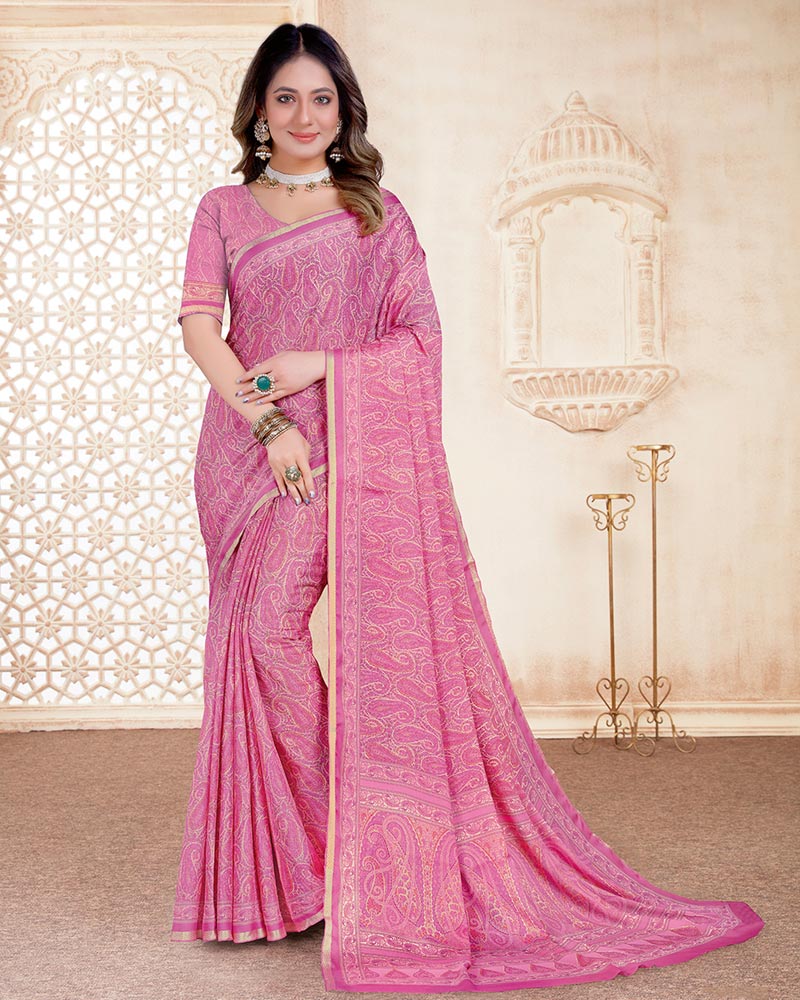 Vishal Prints Raspberry Pink Digital Print Criva Crepe Saree With Weaved Viscose Border