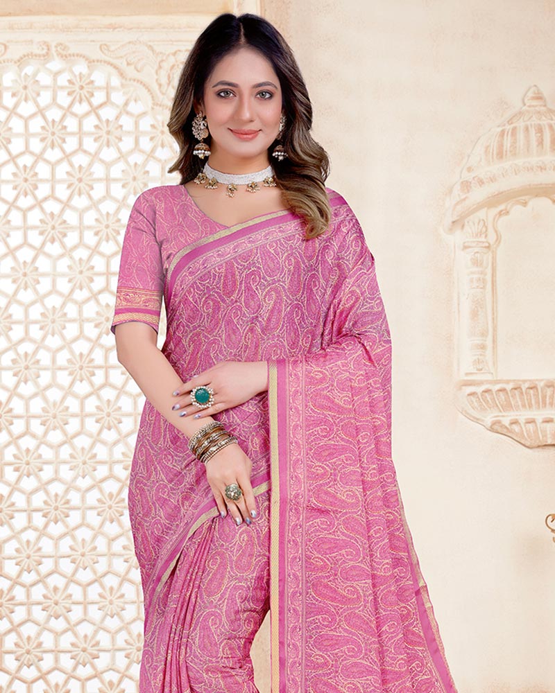Vishal Prints Raspberry Pink Digital Print Criva Crepe Saree With Weaved Viscose Border