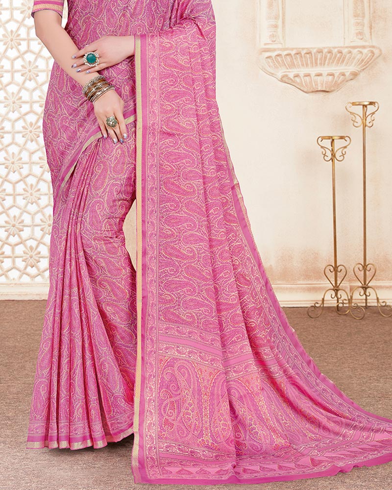 Vishal Prints Raspberry Pink Digital Print Criva Crepe Saree With Weaved Viscose Border