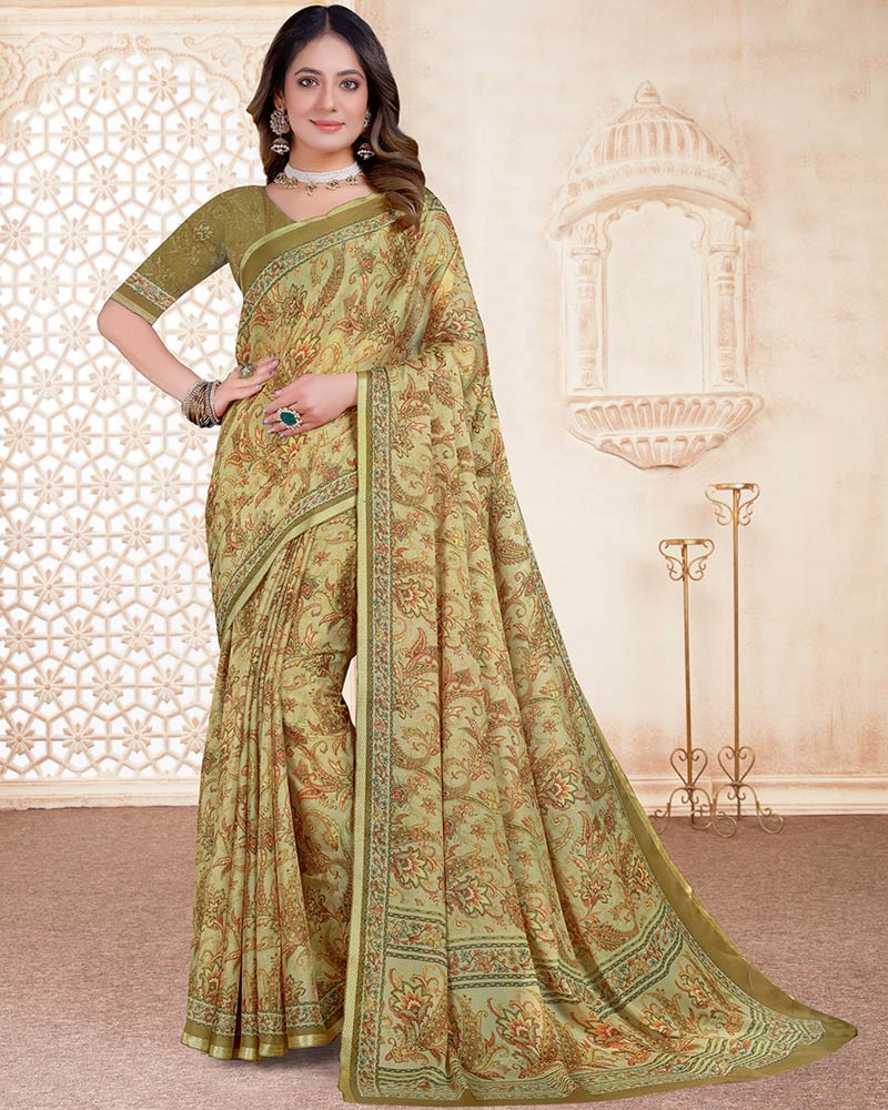 Vishal Prints Dark Sand Brown Digital Print Criva Crepe Saree With Weaved Viscose Border