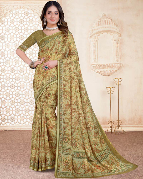 Vishal Prints Dark Sand Brown Digital Print Criva Crepe Saree With Weaved Viscose Border