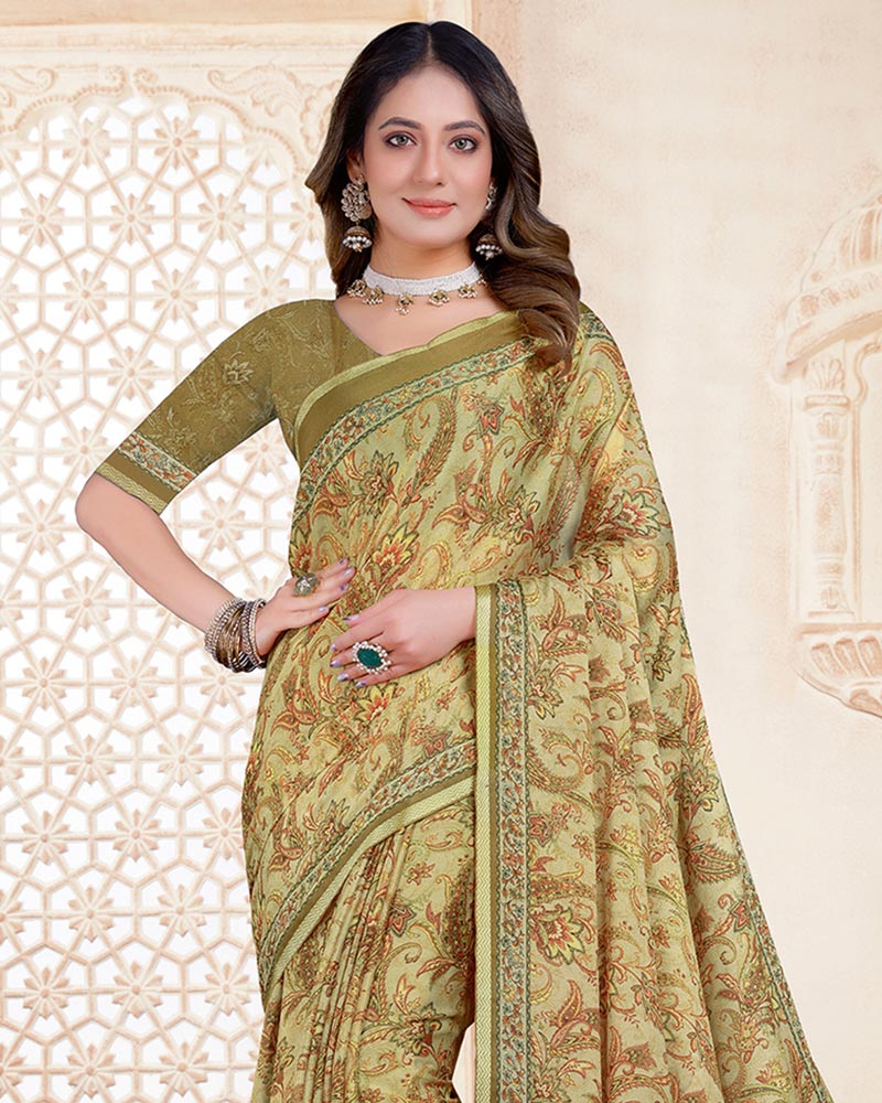 Vishal Prints Dark Sand Brown Digital Print Criva Crepe Saree With Weaved Viscose Border