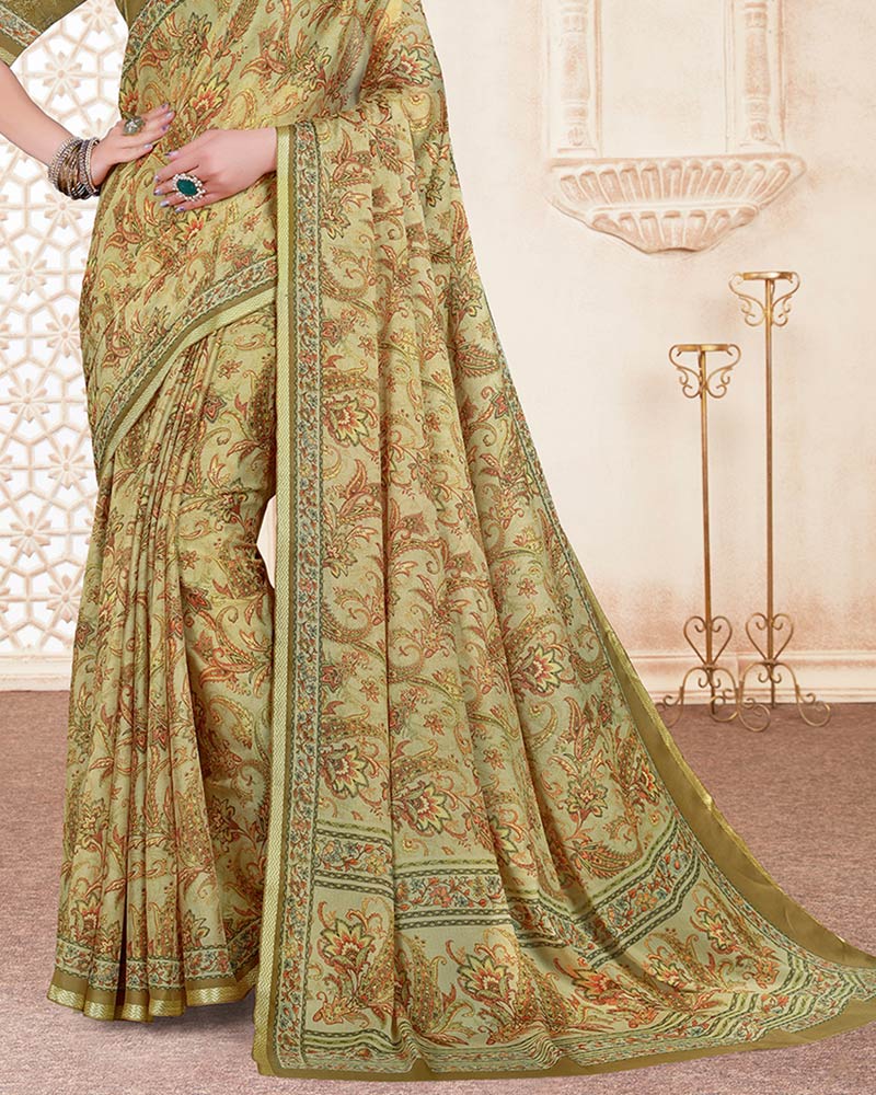 Vishal Prints Dark Sand Brown Digital Print Criva Crepe Saree With Weaved Viscose Border