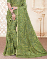 Vishal Prints Moss Green Digital Print Criva Crepe Saree With Weaved Viscose Border