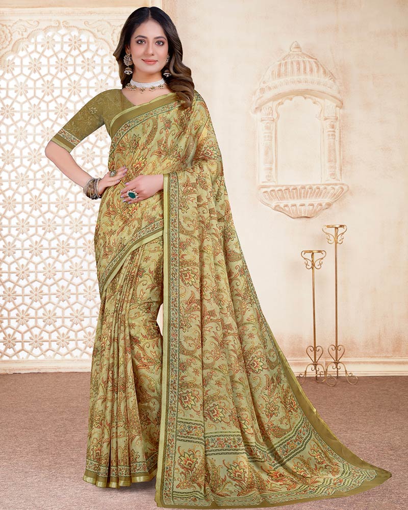 Vishal Prints Dark Beige Digital Print Criva Crepe Saree With Weaved Viscose Border