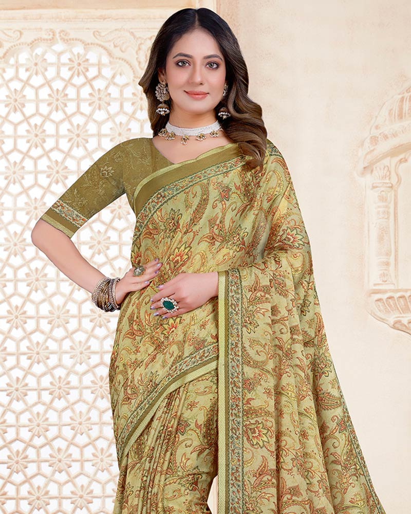 Vishal Prints Dark Beige Digital Print Criva Crepe Saree With Weaved Viscose Border