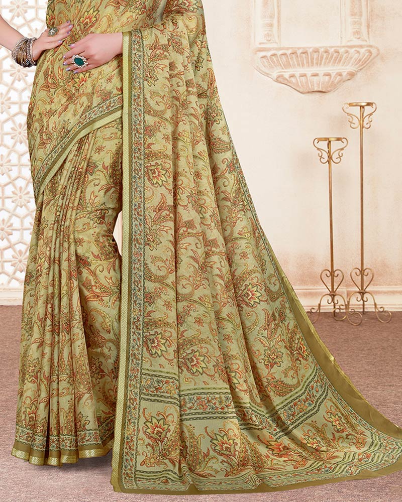 Vishal Prints Dark Beige Digital Print Criva Crepe Saree With Weaved Viscose Border