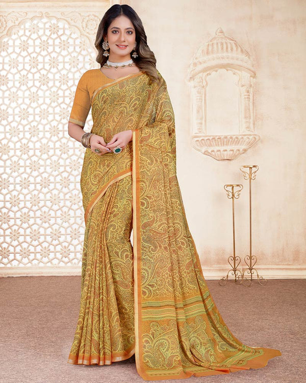 Vishal Prints Persian Orange Digital Print Criva Crepe Saree With Weaved Viscose Border