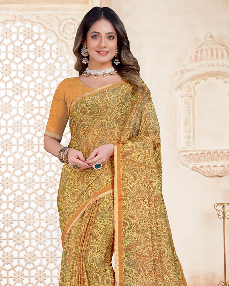 Vishal Prints Persian Orange Digital Print Criva Crepe Saree With Weaved Viscose Border