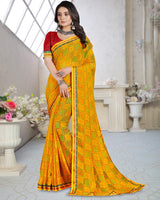 Vishal Prints Dark Yellow Printed Brasso Saree With Border