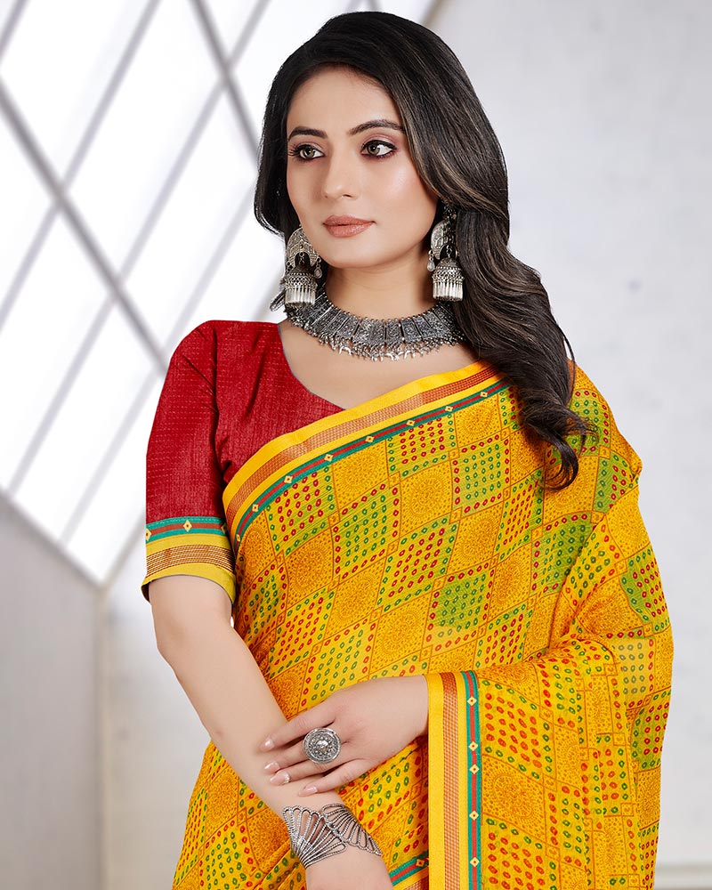 Vishal Prints Dark Yellow Printed Brasso Saree With Border