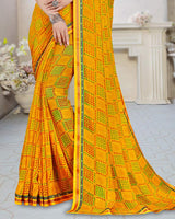 Vishal Prints Dark Yellow Printed Brasso Saree With Border