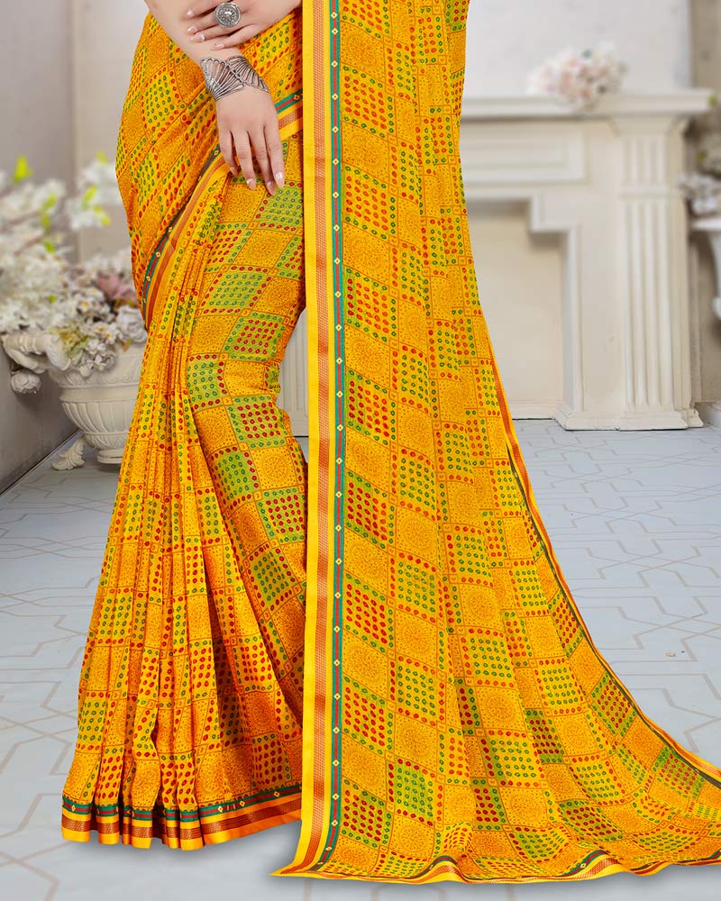 Vishal Prints Dark Yellow Printed Brasso Saree With Border