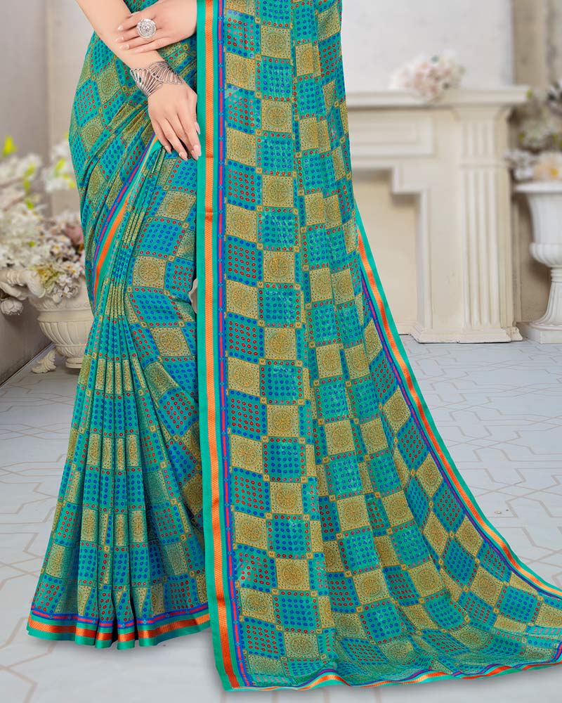 Vishal Prints Aqua Green Printed Brasso Saree With Border