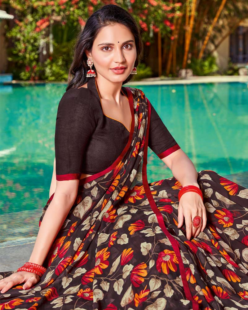 Vishal Prints Brown And Orange Printed Georgette Saree With Piping