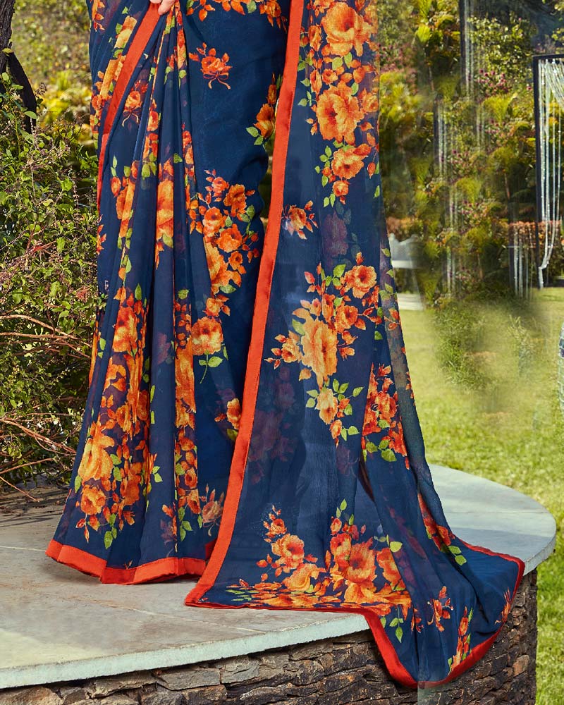 Vishal Prints Dark Blue And Orange Printed Georgette Saree With Piping