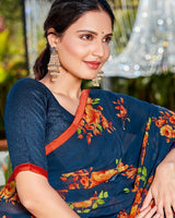 Vishal Prints Dark Blue And Orange Printed Georgette Saree With Piping