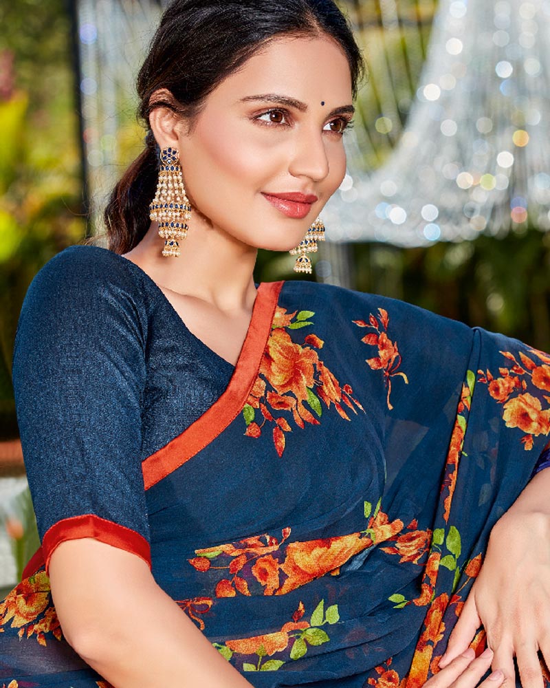 Vishal Prints Dark Blue And Orange Printed Georgette Saree With Piping