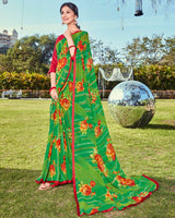 Vishal Prints Lime Green Printed Georgette Saree With Piping