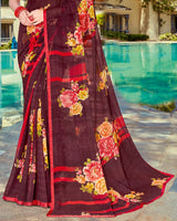 Vishal Prints Wine Printed Georgette Saree With Piping