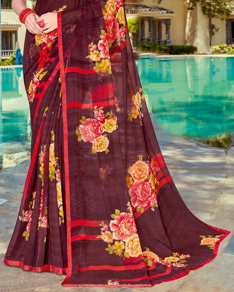 Vishal Prints Wine Printed Georgette Saree With Piping