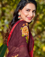 Vishal Prints Wine Printed Georgette Saree With Piping