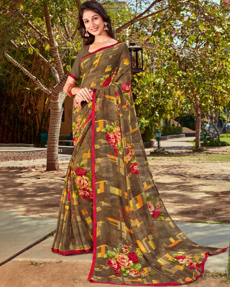 Vishal Prints Pastel Brown Printed Georgette Saree With Piping