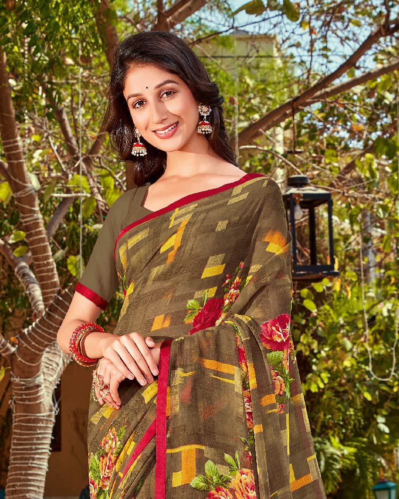 Vishal Prints Pastel Brown Printed Georgette Saree With Piping