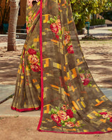 Vishal Prints Pastel Brown Printed Georgette Saree With Piping