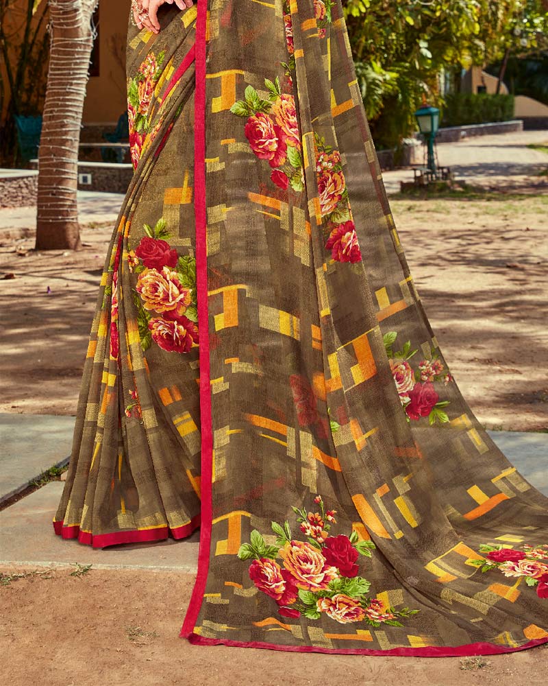 Vishal Prints Pastel Brown Printed Georgette Saree With Piping
