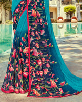 Vishal Prints Teal Blue Printed Georgette Saree With Piping