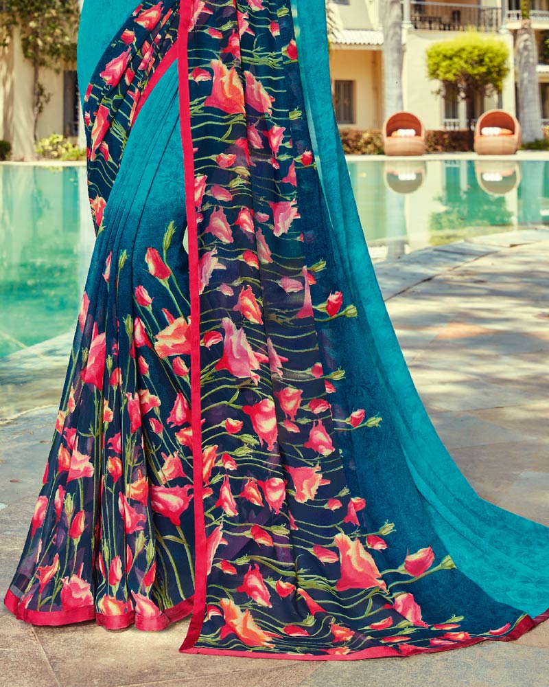 Vishal Prints Teal Blue Printed Georgette Saree With Piping