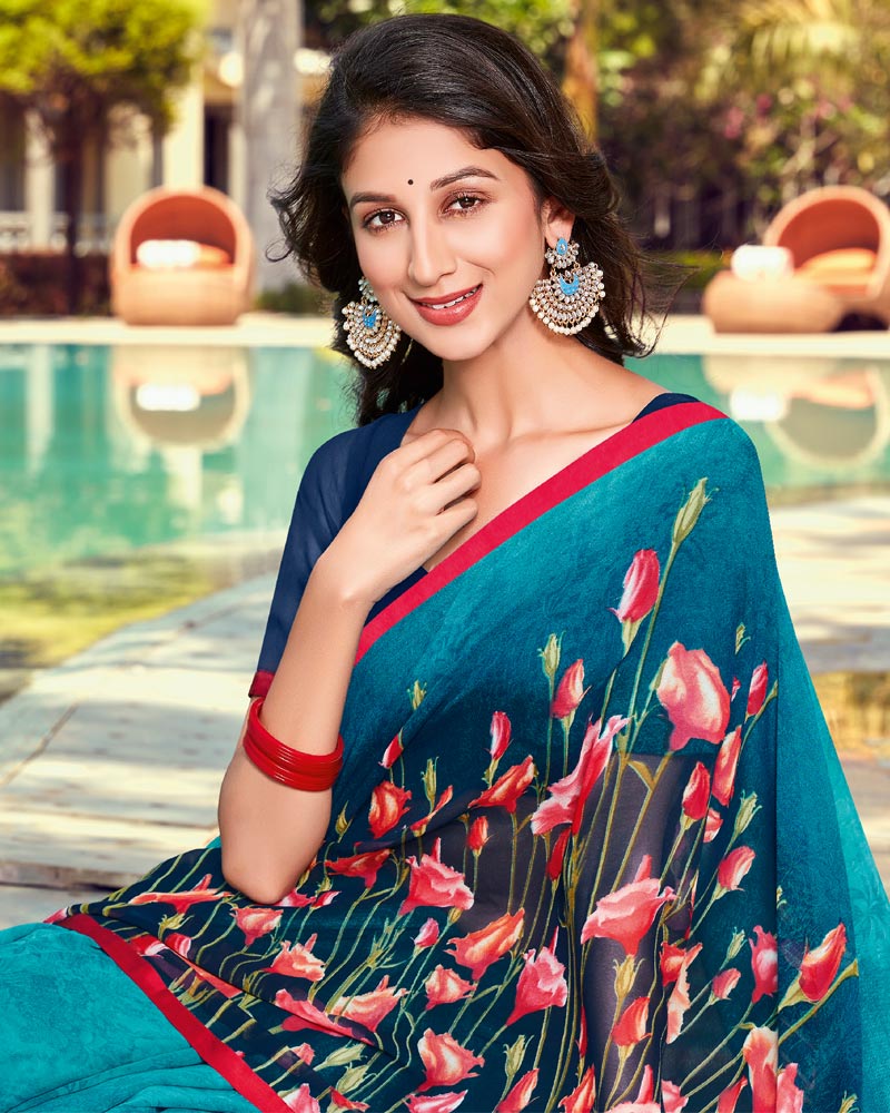 Vishal Prints Teal Blue Printed Georgette Saree With Piping
