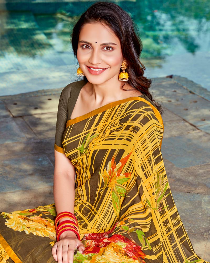 Vishal Prints Yellow Printed Georgette Saree With Piping