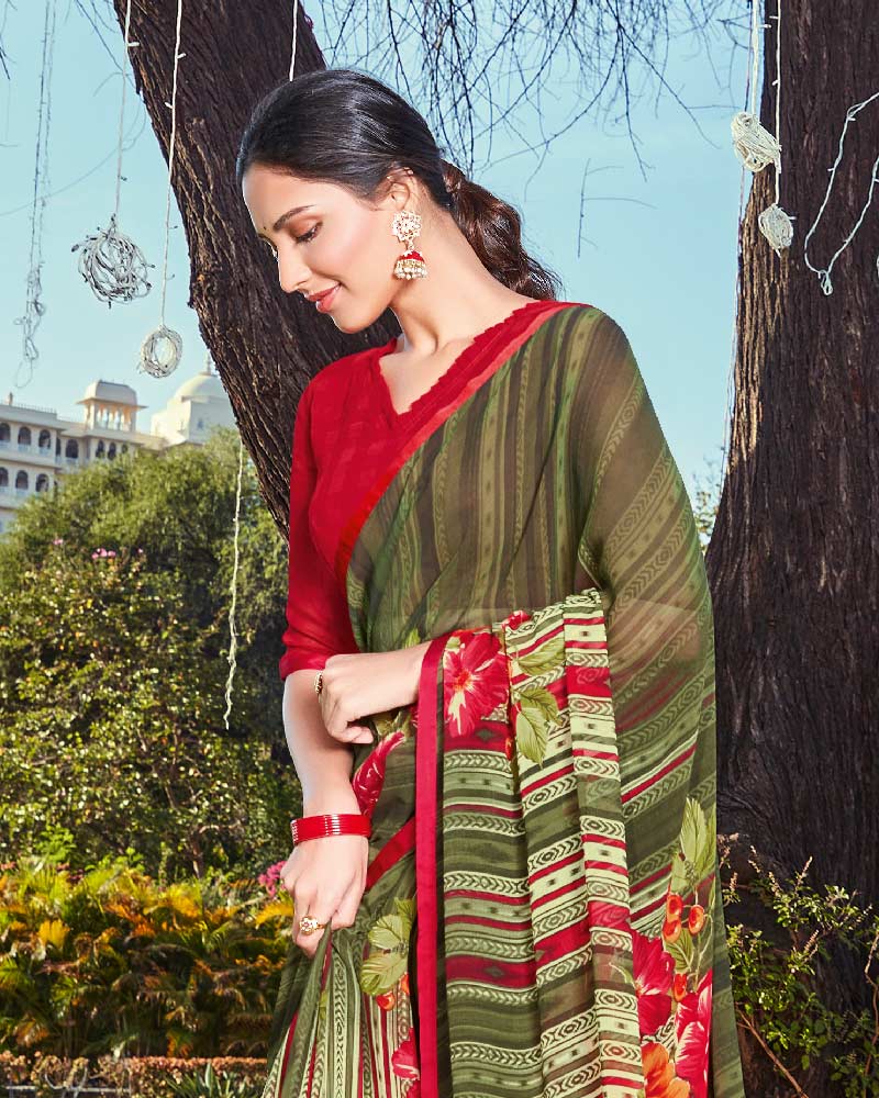 Vishal Prints Dark Beige Printed Georgette Saree With Piping